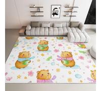 Tappeto Camera Da Letto Cucina Cartone Animato Capibara Sciarpa Caffè Cuore Antiscivolo Lavabile, Pelo Corto morbido piccolo Tappeti Salotto 80 x 150 cm, Per interni e soggiorno Ingresso Sala Bianco