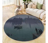 Tappeto Circolare Da Veduta Notturna Del Porto. Dipinto Ad Olio. 60 Cm