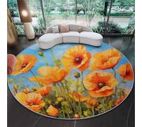 Tappeto Circolare in Flanella 160 cm, StampatoPittura a olio Papaveri Fiori, Giallo-Arancio Morbido e Confortevole Antiscivolo Decorazione Casa per Camera da Letto, Soggiorno