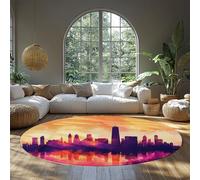 Tappeto circolare lavabile per camera da letto con cielo colorato 100cm - Tappeti rotondi a pelo corto con tramonto sulla città moderna per l'arredamento della casa studio camera degli ospiti