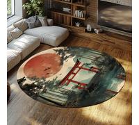 Tappeto circolare stile Ukiyo-e 90cm Tappeti per pavimento per uffici in stile Flying Birds & Mountain Landscape Carpet sottile per l'arte tradizionale giapponese