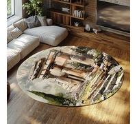 Tappeto classico retrò a tondo Rovine antiche Scale con design di scale in pietra Tappeti a pelo basso antiscivolo Sottile moquette per camera da letto Soggiorno pieghevole lavabile 80x80cm