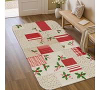 Tappeto con agrifoglio, tradizionale tappeto natalizio a pois a scacchi, rosso, a pelo basso, in schiuma, rettangolare, con stampa, tappeto per bagno, lavanderia, cucina, ingresso, 90 x 15 cm