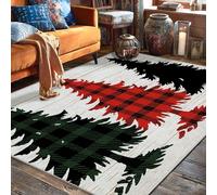 Tappeto con albero di pino, motivo natalizio rustico rosso scozzese nero albero di Natale rosso a pelo basso estetico rettangolare tappeto per il pavimento della casa tappeto per soggiorno, camera da