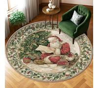 Tappeto con Babbo Natale, tradizionale agrifoglio natalizio rosso a pelo basso, bordatura a pelo basso, tappeto circolare per soggiorno, camera da letto, scrivania, ufficio, decorazione 15,2 x 15,2 cm