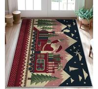 Tappeto con Babbo Natale, treno natalizio con montagne natalizie rosse antiscivolo con retro estetico, rettangolare, accenti per bagno, comodino, ingresso, porta, decorazione, 7,6 x 1,5 m