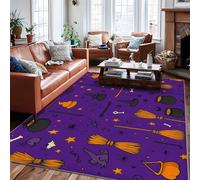 Tappeto con cappello da strega, per Halloween, fantasioso, scopa, calderone, Halloween, viola, a pelo basso, morbido, rettangolare, resistente alle macchie, per soggiorno, camera da letto, aula e