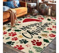 Tappeto con cappello di Babbo Natale, stampe di zampe di agrifoglio con foglie di agrifoglio rosso a pelo basso bordo bordatura casa tappeto rettangolare tappeto per soggiorno, camera da letto, sala