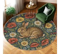 Tappeto con coniglio, botanico vintage papavero crisantemo primavera blu antiscivolo bordo bordo bordo tappeto cerchio tappeto per soggiorno camera da letto aula appartamento decorazione 15,2 x 18,2
