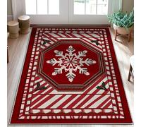 Tappeto con fiocco di neve, motivo a strisce natalizie invernali, con agrifoglio, rosso, a pelo basso, bordatura, zerbino rettangolare per ingresso, bagno, lavanderia, comodino, decorazione 7,6 x 15,2
