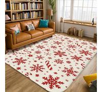 Tappeto con fiocco di neve, motivo natalizio con bastoncini di zucchero a vortice natalizio rosso a pelo basso in schiuma a pelo basso, estetico, rettangolare, tappeto per soggiorno, camera da letto
