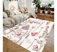 Tappeto con fiori e farfalle, viola e rosa, romantico motivo con farfalle e stelle, per soggiorno, fantasia floreale, per camera da letto, comodino, corridoio, tappetino antiscivolo (150 x 210 cm