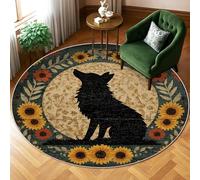 Tappeto con lupo, natura rustica girasole floreale autunnale nero retro antiscivolo tappeto rotondo per interni non perde tappeto per soggiorno, camera da letto, cucina, corridoio, decorazione 15,2 x