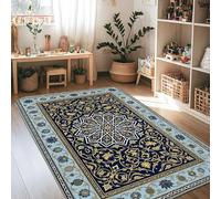 Tappeto con mandala, tradizionale, elegante, floreale, ornamentale nessuno, blu navy, in spugna a pelo basso, rettangolare, per interni, non perde pelo, per soggiorno, camera da letto, università