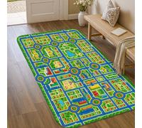 Tappeto con mappa della città, giocoso colorato edifici strade N/A verde a pelo basso in spugna bordatura zerbino tappeto rettangolare bagno lavanderia cucina ingresso decorazione 7,6 x 15,2 m