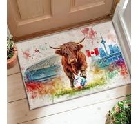 Tappeto con mucca delle Highlands, stile artistico contemporaneo, skyline della città, estate, multicolore, retro antiscivolo, per interni, non perde pelo, per bagno, lavanderia, cucina, ingresso