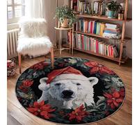 Tappeto con orso polare, cappello di Babbo Natale, stella di Natale, rosso a pelo basso, cerchio estetico, zerbino per la casa, tappeto per bagno, ingresso, comodino, porta, decorazione 10 x 10 cm