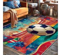 Tappeto con palla da calcio, sport festivo, fuochi d'artificio skyline cittadino, estate blu, retro antiscivolo, estetico, rettangolare, tappeto per casa, soggiorno, camera da letto, sotto il letto