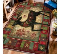 Tappeto con renne, decorazione natalizia rustica con fiocchi di neve e fiocchi di neve, colore rosso, con retro antiscivolo, per soggiorno, camera da letto, aula, dormitorio, 10 x 15 cm