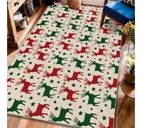 Tappeto con renne, motivo natalizio con stelle verdi e rosse a pelo basso, bordatura a pelo basso, rettangolare, per soggiorno, camera da letto, cucina, corridoio, decorazione 10,2 x 15,2 cm