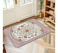 Tappeto con rose, floreale, vintage, farfalla, foglia, primavera, rosso, a pelo basso, in spugna, zerbino, bordatura, ingresso, bagno, cucina, porta, decorazione, 5,1 x 7,6 cm