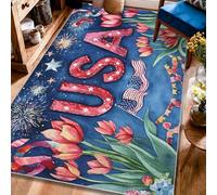 Tappeto con tulipani, motivo patriottico festivo con stelle statunitensi per il giorno dell'indipendenza rosso a pelo basso per il pavimento della casa, tappeto rettangolare per soggiorno, camera da
