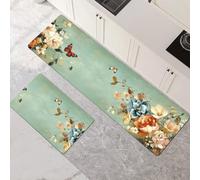 Tappeto Cucina Antiscivolo Lavabile, Tappeti Cucina 2 Pezzi, Super Assorbente Passatoia Corridoio Tappetino Decor per Zerbino Ingresso, Lavanderia, Corridoio, Ufficio Peony 80x120cm+80x240cm 1-403