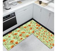 Tappeto Cucina in Piante E Fiori Papavero Arancione Antiscivolo e Lavabile Runner Multiuso Resistente all'usura Passatoia Cucina Antimacchia Adatto da tenere sotto il Lavandino e Fornelli Verde