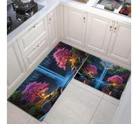 Tappeto Cucina in Scenario da sogno Cascata, alberi in fiore e piscine Antiscivolo e Lavabile Runner Resistente all'usura Passatoia Cucina Antimacchia Adatto da tenere sotto il Lavandino Blu e rosa