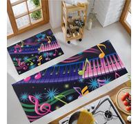 Tappeto Cucina Lavabile Antiscivolo Note Musicali Giocose Pianoforte, Set Da 2 44X75+44X120Cm, Tappetino Cucina Resistente Strisce Astratte, Tappeti Passatoia Anti Fatica Facili Pulire, Viola Intenso