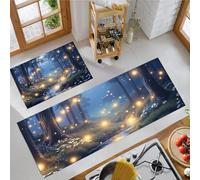 Tappeto Cucina Set di 2 Antiscivolo Alberi Fiori Lucciole, Tappetini da Cucina Lavabili Foresta Magica Runner Tappeti per Corridoio, Sala da Pranzo 50x80cm+50x150cm Blu Scuro
