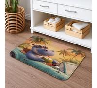 Tappeto da bagno accogliente con ippopotamo tropicale, con scena da spiaggia in stile cartone animato, morbido, antiscivolo, decorativo, in memory foam, lavabile, per bagno, WC, 50 x 81 cm
