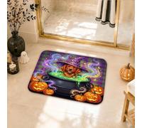 Tappeto da bagno con calderone strega e cane, per Halloween, 40,6 x 61 cm | Cappello da strega, tappetino da bagno, calderone gorgogliante, Jack-o'-lanterns, sfondo scozzese, decorazione autunnale