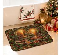 Tappeto da bagno con candele natalizie e agrifoglio, 40,6 x 61 cm | Illustrazione di libri vintage, tappetino da bagno, motivi con bacche di agrifoglio, decorazione per il bagno stagionale