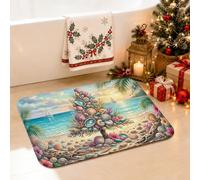 Tappeto da bagno con conchiglie e conchiglie costiere con albero e | Tappeto per WC a tema costiero, opera d'arte sulla spiaggia, decorazione tropicale per le vacanze, superficie assorbente