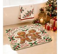 Tappeto da bagno con coppia di pan di zenzero con citazione di Natale, 50 x | Coppia di pan di zenzero, tappetino da bagno, bordi in canna di zucchero, foglie di agrifoglio, decorazione invernale per le
