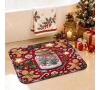 Tappeto da bagno con omino di pan di zenzero, 50 x 81 cm | Biscotto di pan di zenzero, tappetino da bagno, bastoncini di zucchero, stelle invernali, decorazione per il bagno stagionale
