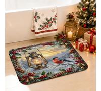 Tappeto da bagno natalizio a tema natalizio con lanterna e uccellino, 50 x | Scena invernale, tappetino da doccia, bacche di agrifoglio, uccello canoro, decorazione per la casa, accenti stagionali per