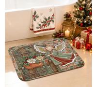 Tappeto da bagno natalizio con angelo fantasioso, 50 x 81 cm | Stella di Natale accenti floreali, tappetino da bagno, motivo rustico in legno, superficie morbida, decorazione per la casa