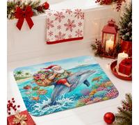 Tappeto da bagno natalizio con delfino e Babbo Natale tropicale, 50 x 81 cm | Tappeto da bagno, barriera corallina, vacanze costiere, decorazione per il bagno, isola di Babbo Natale