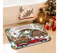 Tappeto da bagno rustico con camion rosso natalizio, 40,6 x 61 cm | Rustico casale tappetino da bagno, paesaggio invernale, decorazione casa vacanze, accenti stagionali per il bagno