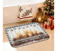Tappeto da bagno rustico con candela e bacche, 40,6 x 61 cm | Tappeto da bagno, stile rustico, bordo scozzese di bufalo, accenti di bacche di agrifoglio, decorazione invernale per le