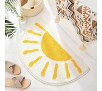 Tappeto da bagno semicircolare con motivo a sole giocoso - Tappetino da bagno boho bianco e giallo in microfibra assorbente con retro in gomma antiscivolo. Questo tappetino semicircolare Bohemian è