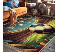 Tappeto da calcio con palloni da calcio, per celebrare fuochi d'artificio e stadio, verde, a pelo basso, bordatura con bordo a pelo basso, tappeto rettangolare per soggiorno, camera da letto, sotto il