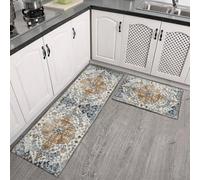 Tappeto da cucina anti-fatica set 2 antiscivolo 17x47 17x30 (blu boho) | Set da due pezzi, 17 x 47 e 43,2 x 76,2 cm, si adatta alle aree del lavello e della stufa, riduce l'affaticamento dei piedi