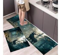 Tappeto da Cucina Antiscivolo Lavabile Dollari Tappeto Passatoia Cucina Luce Mattino Nell'Antica Foresta Tappetini Comodi per Adatto da tenere sotto il Lavandino e Fornelli, 43x75cm+43x120cm Verde