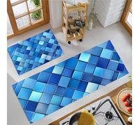Tappeto da Cucina Antiscivolo Lavabile Geometria Cubo Tappeto Passatoia Cucina Antimacchia Elementi Mosaico Tappetini Comodi per Adatto da tenere sotto il Lavandino e Fornelli, 40x60cm+40x120cm Blu