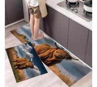 Tappeto da Cucina Antiscivolo Lavabile Pascoli Bovini Highlands Tappeto Passatoia Cucina Casa Colonica Tappetini Comodi per Adatto da tenere sotto il Lavandino e Fornelli, 43x75cm+43x120cm Marrone