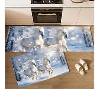 Tappeto da Cucina Cavallo Bianco Romantico Tappetini e Tappeti Paese Meraviglie Invernale Antiscivolo Passatoia Anti-Fatigue per Corridoio, Sala da Pranzo e Ingresso, 43x75cm+43x150cm, Azzurro Chiaro