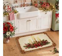 Tappeto da cucina con fatine e campane, decorazione stagionale con elfi | Elfi, tappeti per pavimento della cucina, campane Jingle, rami di pino, nastri rossi, decorazioni stagionali per la casa